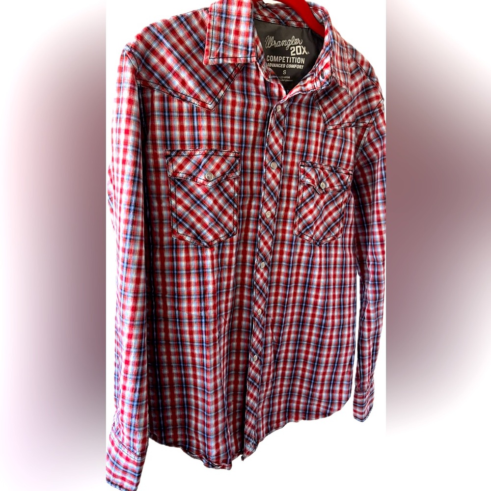 Wrangler 20X COMPETITION Snap Button long sleeve Western PLAID Shirt SM Red/Gray